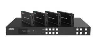 FOURKAY 4x4 4K over Cat6/7 Ethernet Matrix Switch with 4 Receivers. HDBasT. 150m range. 4K -> 1080p downscaling. Audio Extraction. 1U rack mountable.