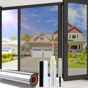 Beautysaid One Way Window Film Privacy, Heat-Reflective Mirror Film with UV Sun Blocker, Privacy Window Tint Film for Glass Doors Home Office with Tools(Silver, 44.5 x 400cm)