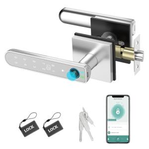 Foxgard Smart Fingerprint Door Lock:Fingerprint Door Knob-Biometric 5-in-1 Finger Print Door Lock-Smart Door Knob for Bedroom-APP Control-Easy Installation–Square Silver–1 Pack