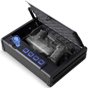 WIAONE Kavey Biometric Gun Safe for Pistols, Quick-Access Handgun Safe for 2 Pistols with Fingerprint Lock and Backlit Digital Keypad Mute Mode, Auto-open Pistol Safe for Home Nightstand Bedside Car
