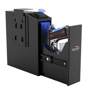 MAEZOE Gun Safe Biometric Pistol Safe with Quick Access Sliding Door, Mounted Nightstand Fireproof Handgun Safe & Gun Lock Box for Car, Truck, Desk, Bedside, Wall with Fingerprint, PIN Code, KEY Acces