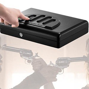 TAHALI Gun Safe,Quick-Access Pistol Safe for Handgun&Ammo with Biometric Fingerprint Lock or keys Lock for Home Bedside Nightstand Car