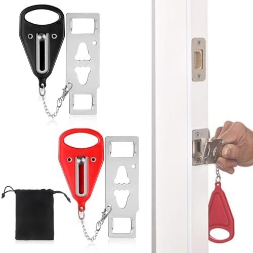 KSJEHW 2 Pieces Portable Door Lock Travel Lock Security Lock Additional Lock with Storage Bag for Security Privacy Travel Hotel Apartment Home Bedroom (Red, Black