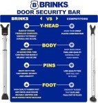BRINKS- Portable Alarm Door Security Bar, Silver, 121dB Alarm Level- Adjustable Security Door Jammer- Fits Standard Sliding Doors, Hinged Doors, and Windows- for Travel, Home, Dorm