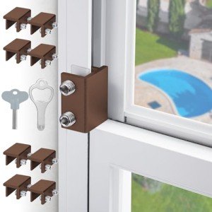 Sliding Window Locks,Window Locks for Horizontal Sliding Windows,Window Security Lock with Key,Adjustable Aluminum Easv to Install Window Stopper,Window Locks for Up and Down Windows (8 Sets Brown)