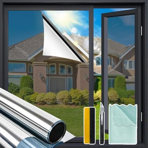 Niviy One Way Privacy Film, Window Tint for Home, Mirror Film Daytime Privacy Sun Blocking Anti UV Reflective Window Tint for Home and Office with 3 Tools, Silver, 23.6 Inch X 118 Inch
