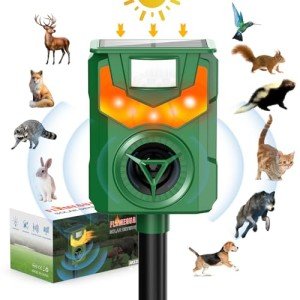 Solar Powered Ultrasonic Animal Repeller, Outdoor Cat Repeller, Flaming Eye Alarm, Animal Repeller with Sensitive Motion Sensor for Yard Repelling Cat,Dog, Rabbit, Skunk, Squirrel and Deer