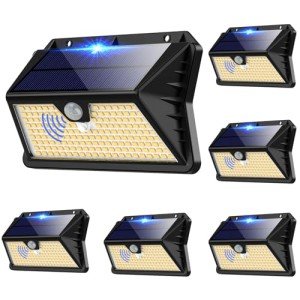 OUILA Solar Lights for Outdoor Wall Pack of 6, 185 LED, 3 Modes, Solar Outdoor Light with Motion Sensor, IP65 Waterproof LED Solar Wall Light, Garden, Yard, Fence Lighting, Front Doors (Warm White)