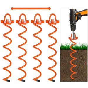 FEED GARDEN 16 Inch Spiral Ground Anchors Kit Heavy Duty Screw in Earth Anchors with Crow Bar, 4 Pack Folding Ring Shed Anchor Kit Ground Stakes for Securing Dogs,Tents, Canopies, Swing Sets,Orange