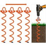 FEED GARDEN 16 Inch Spiral Ground Anchors Kit Heavy Duty Screw in Earth Anchors with Crow Bar, 4 Pack Folding Ring Shed Anchor Kit Ground Stakes for Securing Dogs,Tents, Canopies, Swing Sets,Orange