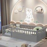 Wanttii Twin Size Toddler Floor Bed with Safety Fence,Playhouse Floor Bed with High Rails for Children Bedroom,Montessori Bed with Sturdy Soild Wood Slats Guardrails (Grey, Twin)