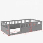 Wanttii Twin Size Toddler Floor Bed with Safety Fence,Playhouse Floor Bed with High Rails for Children Bedroom,Montessori Bed with Sturdy Soild Wood Slats Guardrails (Grey, Twin)