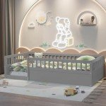 Wanttii Twin Size Toddler Floor Bed with Safety Fence,Playhouse Floor Bed with High Rails for Children Bedroom,Montessori Bed with Sturdy Soild Wood Slats Guardrails (Grey, Twin)