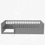 Wanttii Twin Size Toddler Floor Bed with Safety Fence,Playhouse Floor Bed with High Rails for Children Bedroom,Montessori Bed with Sturdy Soild Wood Slats Guardrails (Grey, Twin)