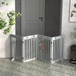 PawHut Freestanding Pet Gate 4 Panel Dog Barrier Folding Safety Fence with Support Feet up to 204cm Long 75cm Tall for Doorway Stairs, Grey