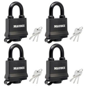 Maudex® IP450 Heavy Duty Padlocks 4-Pack with 12 Keys - Outdoor Weatherproof, Tough Steel Shackle, Durable Rubber Ring with PVC Cover for Gate, Shed, Garage, Fence