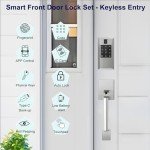 YYTDZSW Smart Front Door Lock Set, Keyless Entry Door Lock Deadbolt with Front Door Handle Set, Touchscreen Keypad Fingerprint Smart Door Lock, Bluetooth App Control, Satin Nickel