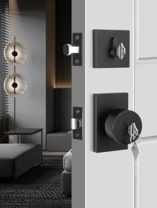 goldenwarm Keyed Alike Black Door Knob with Deadbolt, Square Contemporary Matte Black Exterior Door Lock Set with Deadbolt, Heavy Duty Black Front Entry Door Locksets with Deadbolt(1 Pack)