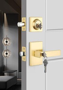 goldenwarm Keyed Alike Gold Door Handle with Deadbolt, Square Contemporary Brushed Gold Exterior Door Lock Set with Deadbolt, Heavy Duty Zinc-alloyed Front Entry Door Locksets with Deadbolt(1 Pack)