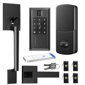 YYTDZSW Smart Front Door Lock Set, Keyless Entry Door Lock Deadbolt with Front Door Handle Set, Fingerprint Smart Door Lock with Touchscreen Keypad, Bluetooth App Control, Matte Black