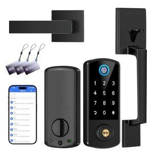 Keyless Entry Door Lock Deadbolt with Handle Set, BEBASIA Fingerprint Door Lock, APP Smart Door Lock, Digital Keypad Bluetooth Deadbolt Lockset with Auto Lock Code Fob Black