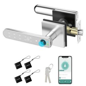 Foxgard Smart Fingerprint Door Lock:Fingerprint Door Knob-Biometric 5-in-1 Finger Print Door Lock-Smart Door Knob for Bedroom-APP Control-Easy Installation–Square Silver–1 Pack