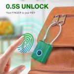 Wisetail Fingerprint Padlock, Smart Rechargeable Locker Lock for School Gym, Keyless Biometric Thumbprint Outdoor Cable Padlock for Backpack/Suitcase/Luggage-Green