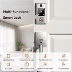 YYTDZSW Smart Front Door Lock Set, Keyless Entry Door Lock Deadbolt with Front Door Handle Set, Touchscreen Keypad Fingerprint Smart Door Lock, Bluetooth App Control, Satin Nickel