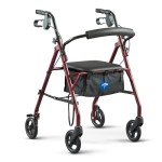 Burgundy Steel Rollator Walker with Seat, 350 lb Capacity