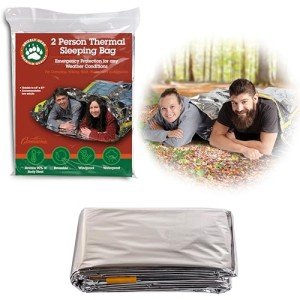 Emergency Thermal Mylar 2 Person Sleeping Bags- 1 Pack -Ultra Compact for Camping, Survival, Disaster Bivouac Shelter- Pocket Sized, 7.25ft x 5.25ft - Retains 90% of Body Heat and Repels Wind & Water