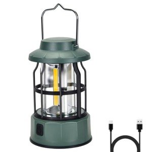 GTSYDING Camping Lantern Vintage Camp Light Dimmable USB C Rechargeable Portable Hanging Tent Retro COB Lights for Power Outages, Survival, Hiking, Bar (5.4 in Height, Green)