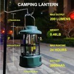 GTSYDING Camping Lantern Vintage Camp Light Dimmable USB C Rechargeable Portable Hanging Tent Retro COB Lights for Power Outages, Survival, Hiking, Bar (5.4 in Height, Green)