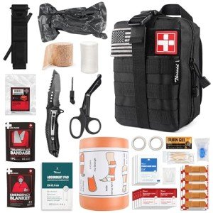 Survival First Aid Kit with Tourniquet, 6" Israeli Bandage, Splint, Tactical Military Combat Molle IFAK for Wound Care, Bleeding Control, Trauma Hemorrhage and More