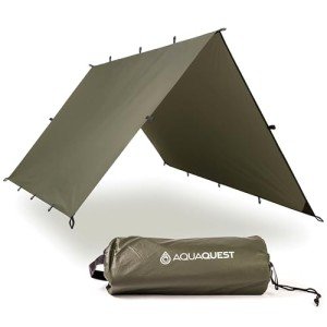 AquaQuest Defender Camping Tarp - Heavy Duty Tent Shelter or Rain Fly - Waterproof Camping Essentials for Hiking, Bushcraft & Hammock, 10 x 10 ft, Olive Drab