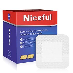 Niceful 50Pcs Adhesive Gauze Island Dressing 4"x4", Water-Resistant Wound Dressing, Sterile & Absorbent Medical Grade Dressing Pad First Aid Dressing Pads