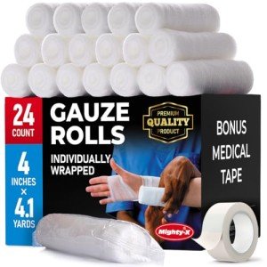 Gauze Rolls - 24 Pack - 4" x 4.1yd Breathable Rolled Gauze - Individually Wrapped with Bonus Tape - First Aid Conforming Stretch Wrap for Wounds
