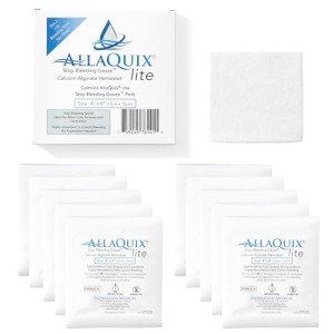 AllaQuix Lite Stop Bleeding Gauze - Calcium Alginate Wound Dressing (X-Large 4-inch Square) First Aid Hemostatic Gauze (Blood Clotting Bandage) - Box of 10