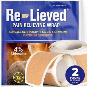 4% Lidocaine Maximum Strength Pain Relief Kinesiology Tape - Relieves Back, Joints and Muscle Pains - Superior Sticking, Aluminum-Free Water Resistant, and USA Made - 2" x 10" Strips (20 Pcs)