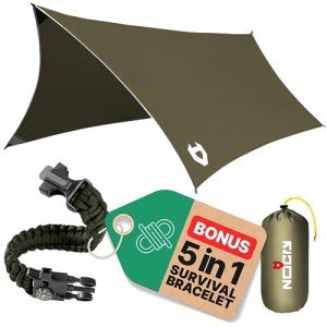Rain Fly 12x10 Lightweight Survival Camping Tarp; 100% Waterproof; Makes a Great Backpacking Tarp or Hammock Shelter; Comes in Multiple Colors, Survival Bracelet Included; OD-Green