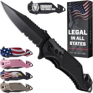 Legal Pocket Knife with 2.95” Serrated Blade, Glass Breaker, Seat Belt Cutter - EDC Sharp Folding Knives with Portable Clip - Small Tool for Tactical Camping Survival Hiking - Gifts for Men 6680
