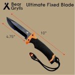 Bear Grylls Ultimate Knife - Fixed Blade Knife, Full Tang Knife with Serrated Edge, Fire Striking Edge, and Emergency Whistle, Includes Sheath - 4.75” Blade, Stainless Steel Blade, Black