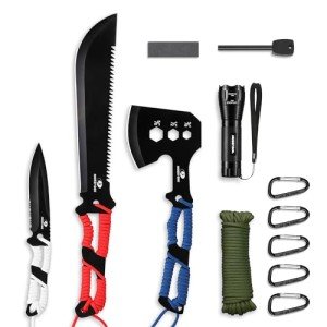Mossy Oak Hatchet and Machete Knife Set with Sheath, One-Piece Axe & Hunting Knives with Paracord Handle, Zoomable Flashlight, Many Other Tools, Ideal Gift for Men Who Likes Hunting Outdoor Adventure