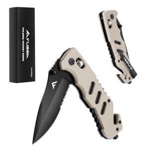 FLISSA Folding Pocket Knife with Clip, Glass Breaker and Seatbelt Cutter, Survival Knife for Emergency Rescue Situations, EDC Knife for Tactical, Hunting, Camping, Outdoor, Unique Gifts for Dad, Father