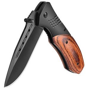 KEXMO Pocket Knife for Men - 3.46" Sharp Blade Wood Handle Pocket Folding Knives with Clip, Glass Breaker - EDC Knives for Hunting Camping Survival Outdoor Fishing Hiking Women Men, Black