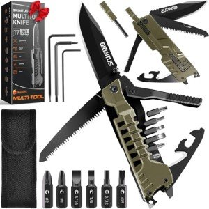 Multitool Knife, 17 in 1 Pocket Knife with Screwdriver, Fire Starter Sticks, Bottle Opener, Saw, Whistle, Nylon Sheath, EDC Gear for Survival, Camping, Hiking, Outdoor, Gifts for Dad - Desert Gray