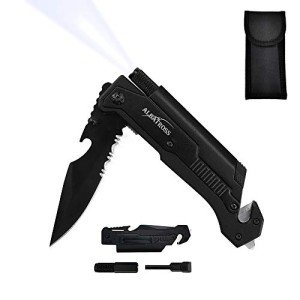 7-in-1 Dispatcher Tactical Knife with Glass Breaker, Seatbelt Cutter,Steel Serrated Blade,Flashlight,Fire Starter,Bottle Opener and Carrying bag, Good for Military Emergency Outdoor Rescue (Black)