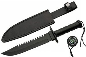 SZCO 14” Black Steel Sawback Knife with Compass, Outdoor Machete with Stainless Steel Blade, Leather Sheath, and Survival Gear for Camping, Hiking, Hunting, and Bushcraft