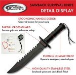 SZCO 14” Black Steel Sawback Knife with Compass, Outdoor Machete with Stainless Steel Blade, Leather Sheath, and Survival Gear for Camping, Hiking, Hunting, and Bushcraft