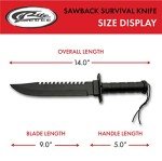 SZCO 14” Black Steel Sawback Knife with Compass, Outdoor Machete with Stainless Steel Blade, Leather Sheath, and Survival Gear for Camping, Hiking, Hunting, and Bushcraft