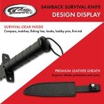 SZCO 14” Black Steel Sawback Knife with Compass, Outdoor Machete with Stainless Steel Blade, Leather Sheath, and Survival Gear for Camping, Hiking, Hunting, and Bushcraft